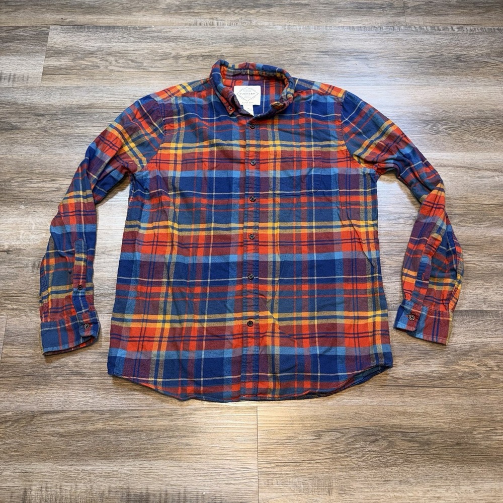 St. Johns Bay Flannel Shirt Mens Medium Blue Orange Yellow Plaid Pattern